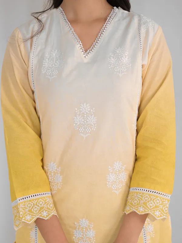 Yellow and white kurti set in cotton silk