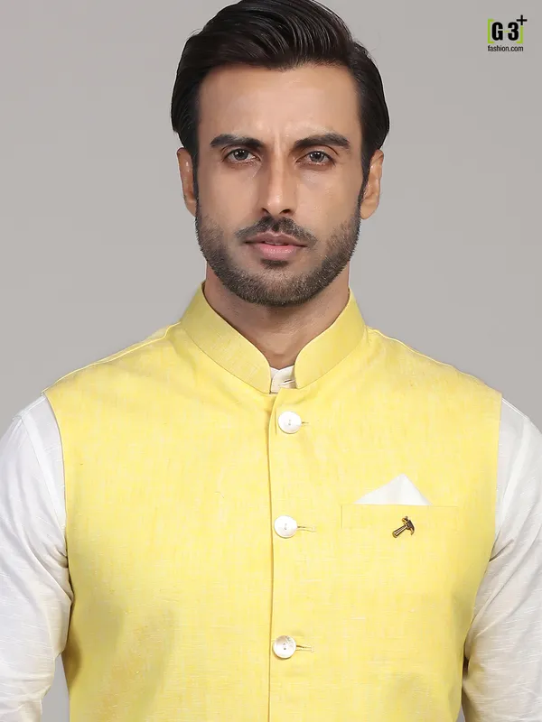 Yellow and white linen waistcoat set