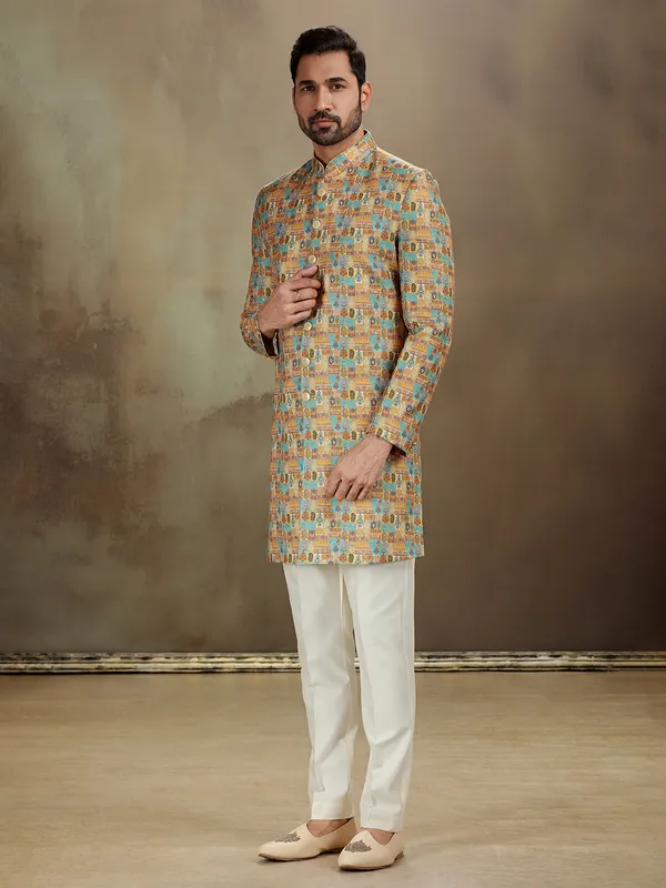Yellow banarasi jacquard heritage indo western