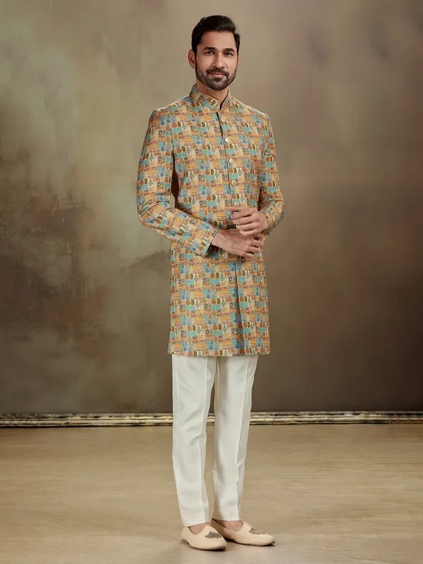 Yellow banarasi jacquard heritage indo western
