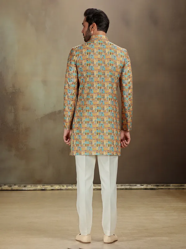 Yellow banarasi jacquard heritage indo western