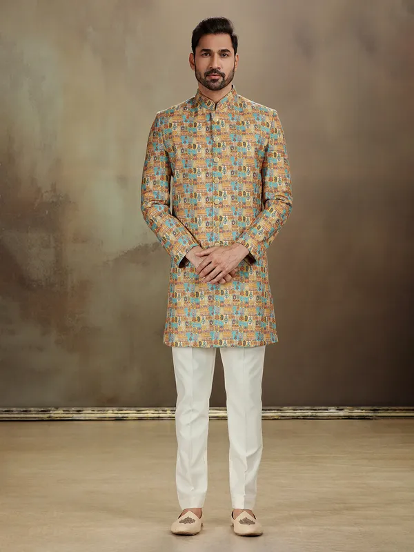 Yellow banarasi jacquard heritage indo western