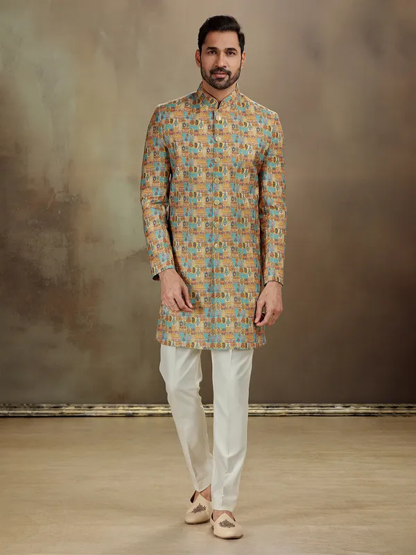 Yellow banarasi jacquard heritage indo western