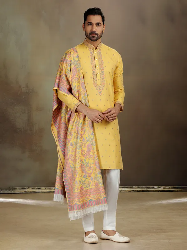 Yellow banarasi silk kurta for wedding vibes