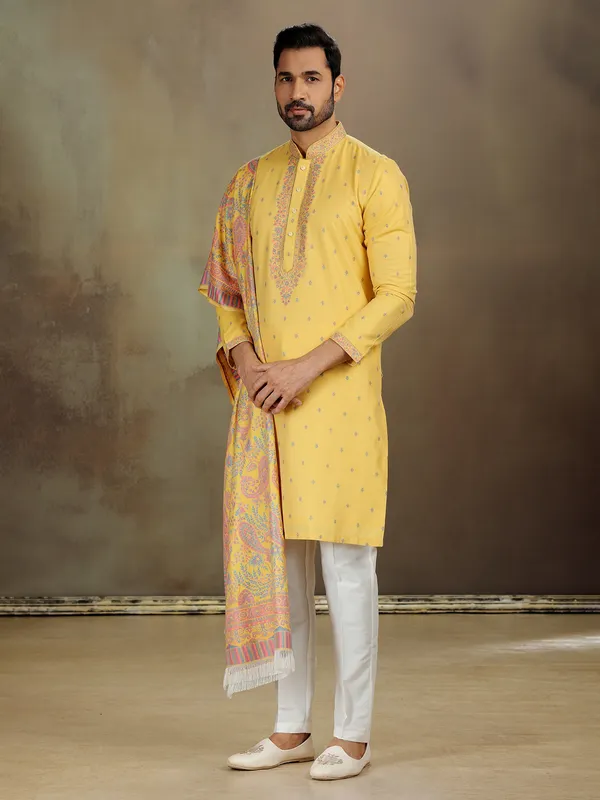 Yellow banarasi silk kurta for wedding vibes