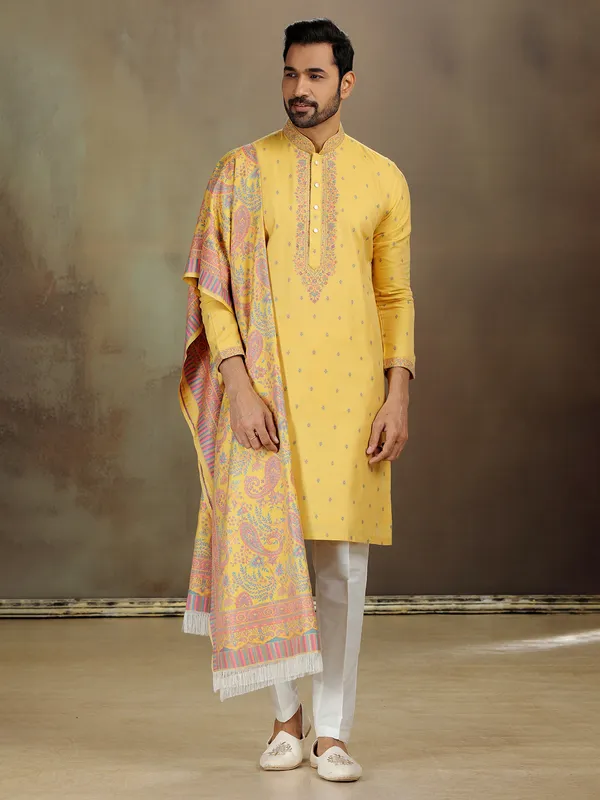 Yellow banarasi silk kurta for wedding vibes