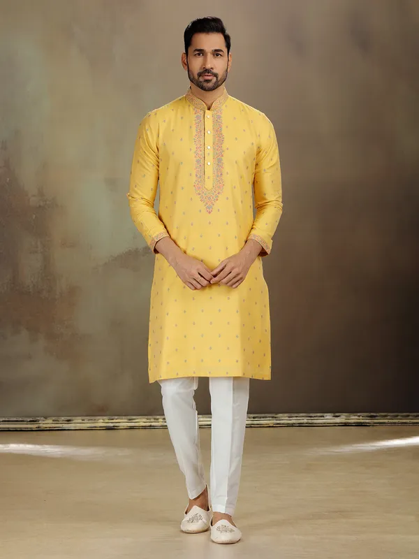 Yellow banarasi silk kurta for wedding vibes