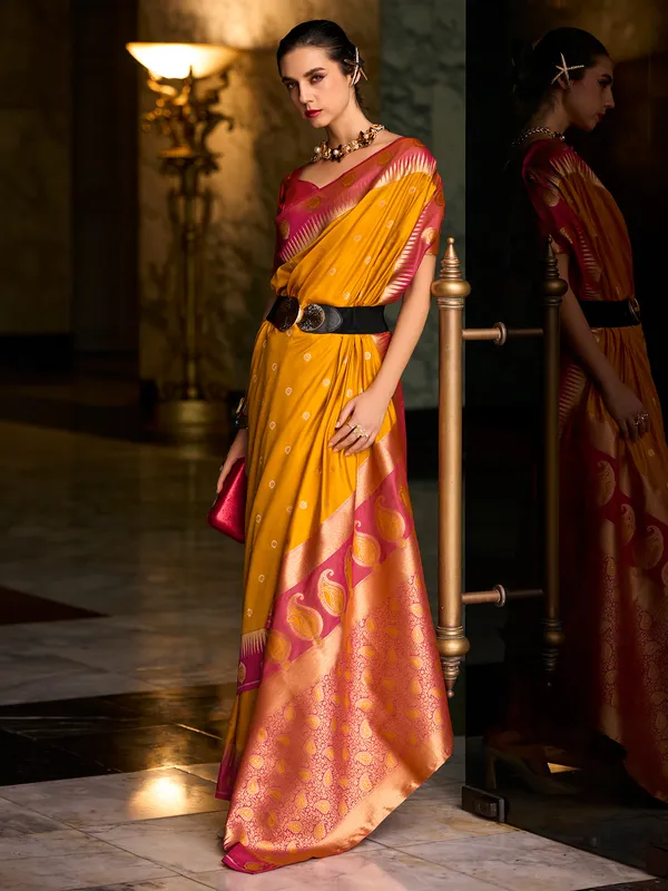 Yellow banarasi silk saree with maroon border