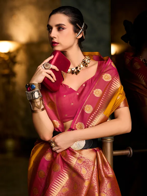Yellow banarasi silk saree with maroon border