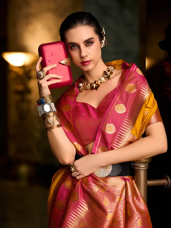 Yellow banarasi silk saree with maroon border