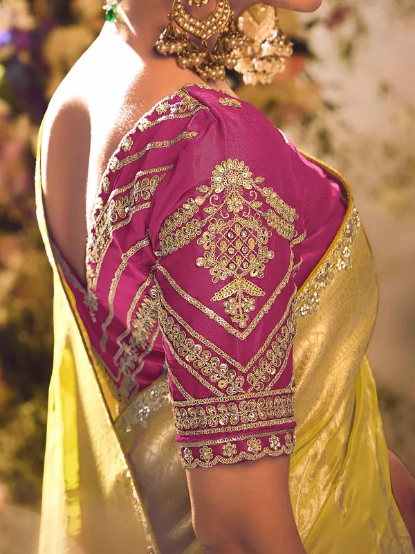 Yellow banarasi tissue saree for grand occasions