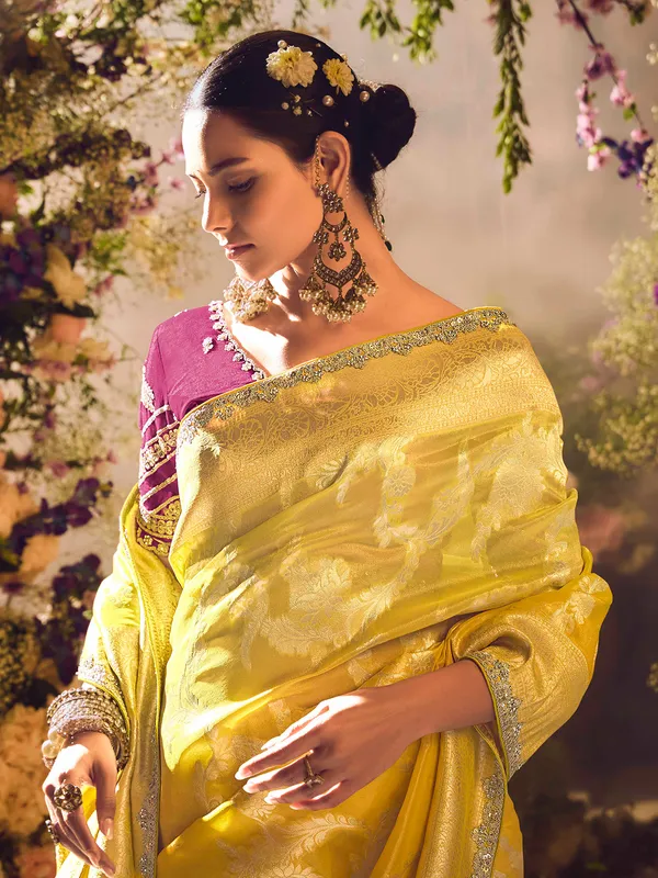 Yellow banarasi tissue saree for grand occasions