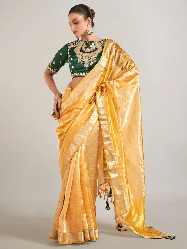 Yellow banarasi tissue silk zari weaving saree