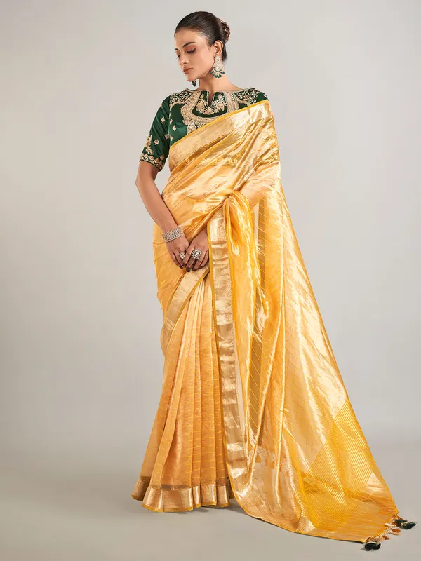 Yellow banarasi tissue silk zari weaving saree