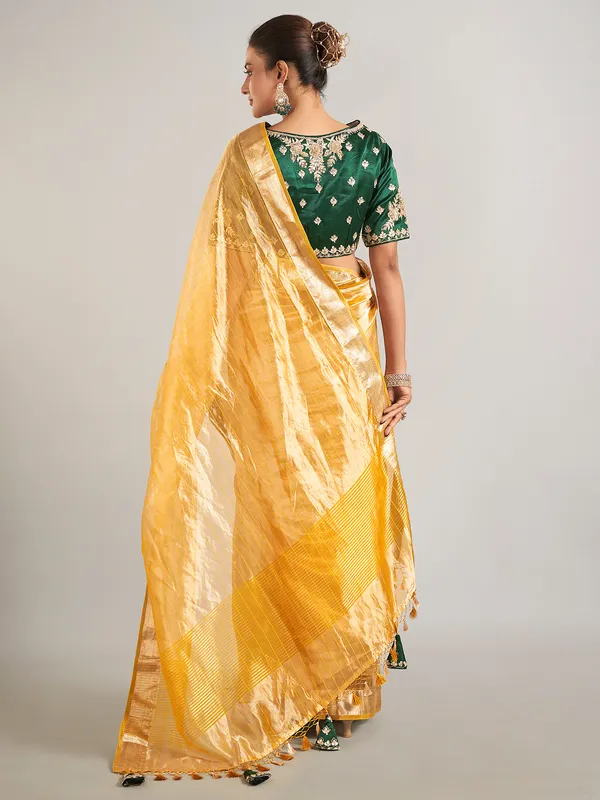 Yellow banarasi tissue silk zari weaving saree