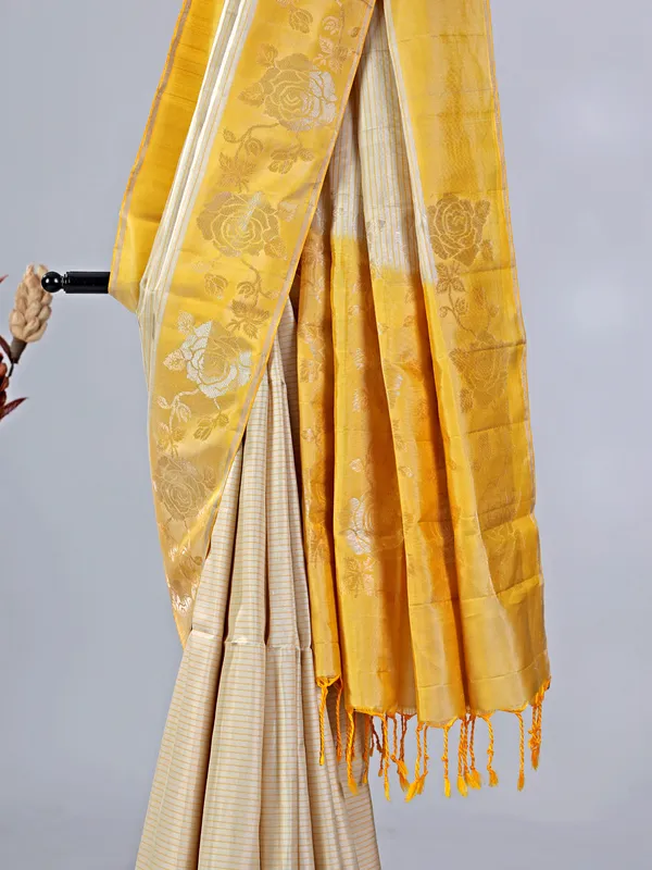 Yellow banglori silk saree with radiant zari weaving