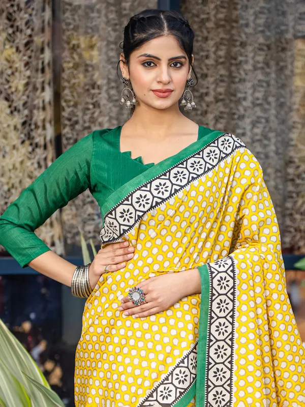 Yellow bhagalpuri silk printed saree