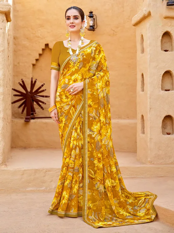 Yellow casual wear georgette saree