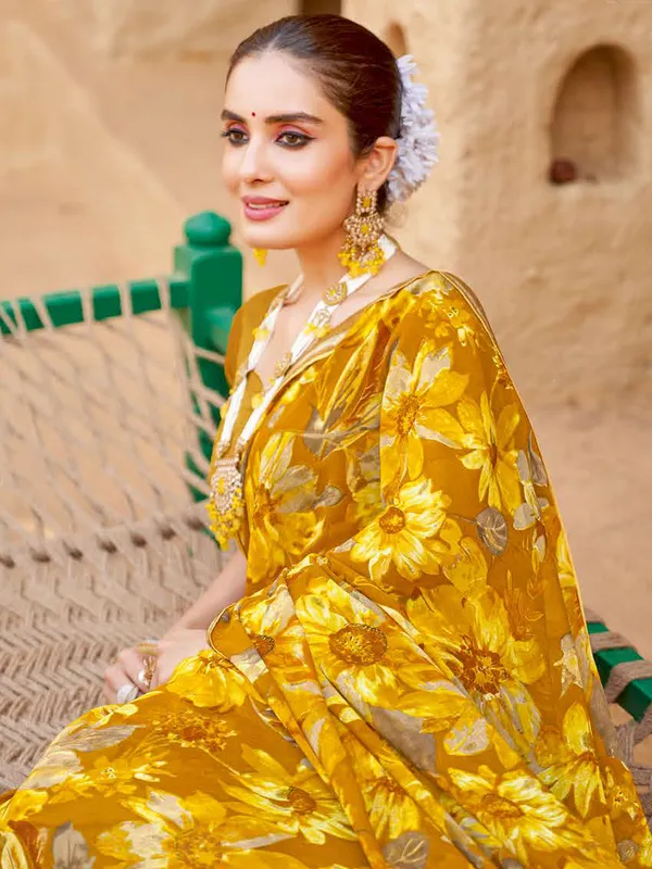 Yellow casual wear georgette saree