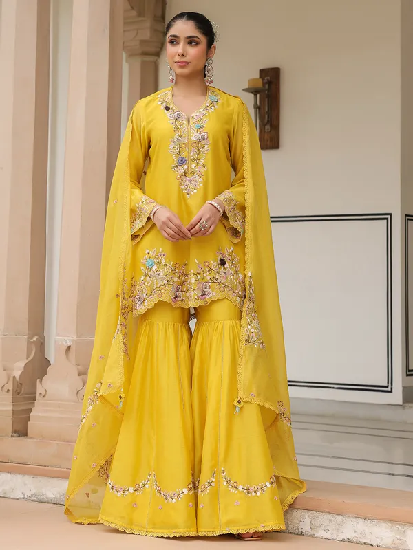 Yellow chanderi silk pakistani sharara suit