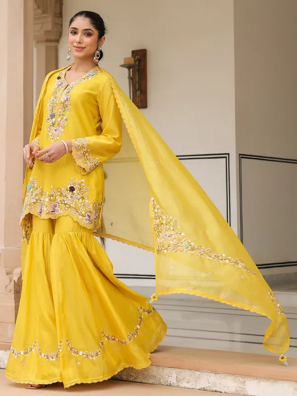 Yellow chanderi silk pakistani sharara suit
