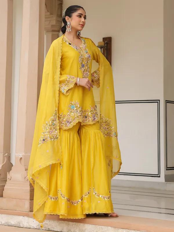 Yellow chanderi silk pakistani sharara suit