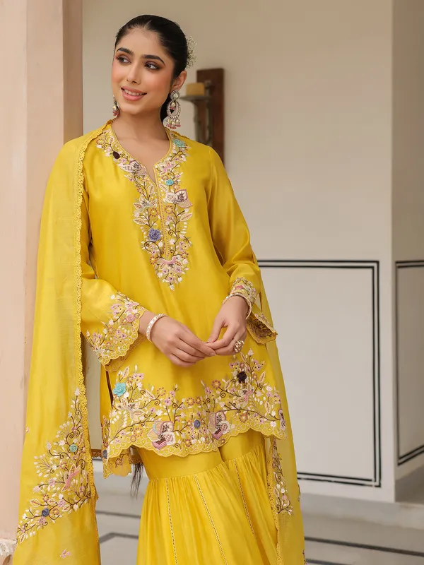 Yellow chanderi silk pakistani sharara suit