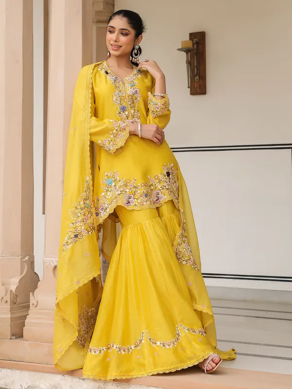 Yellow chanderi silk pakistani sharara suit