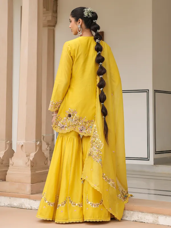 Yellow chanderi silk pakistani sharara suit