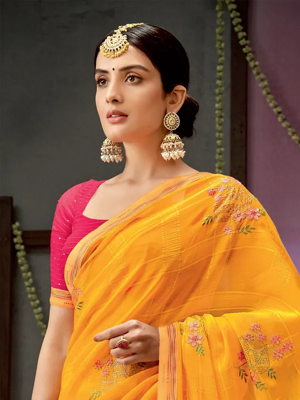 Yellow checks georgette saree