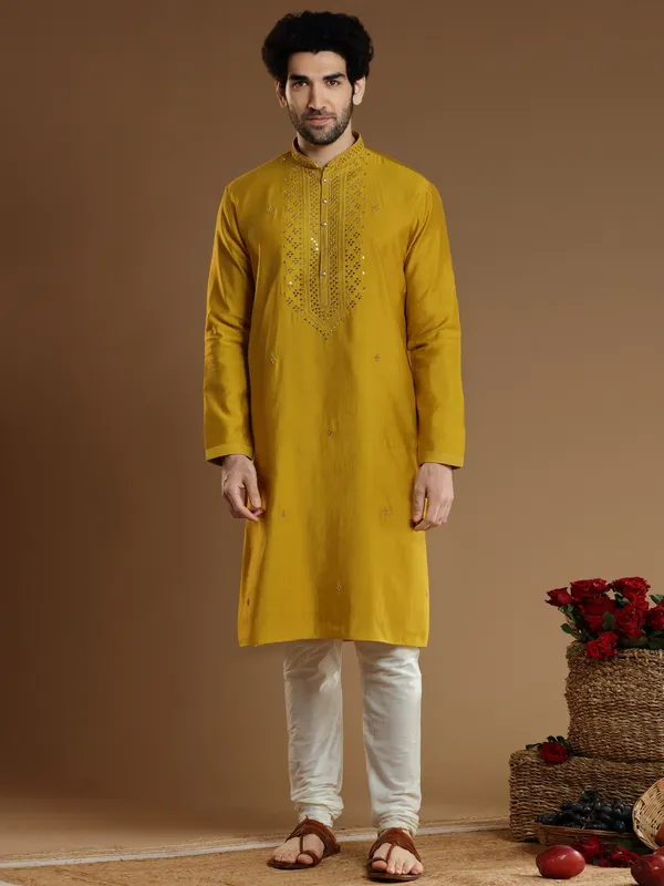 Yellow color cotton silk Kurta Set for Men