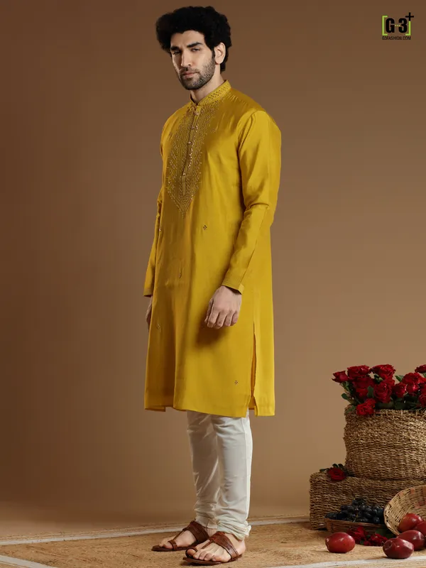 Yellow color cotton silk Kurta Set for Men