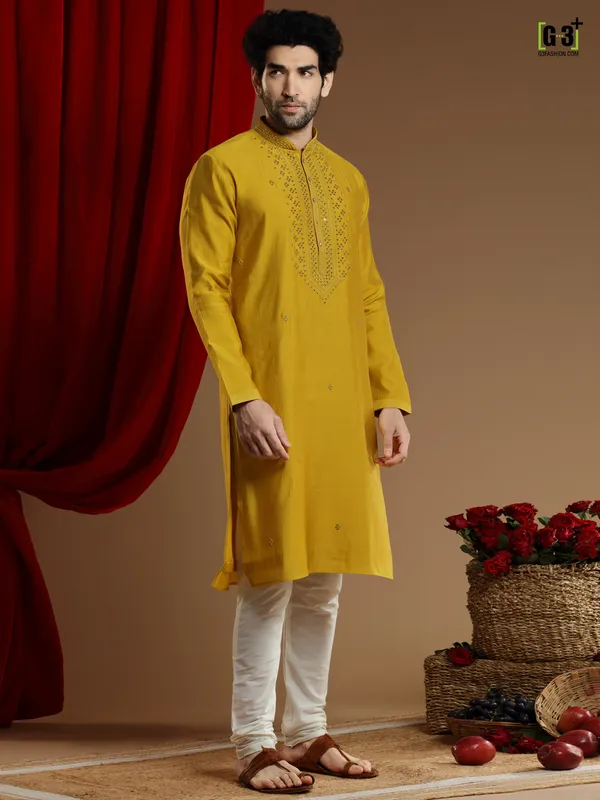 Yellow color cotton silk Kurta Set for Men