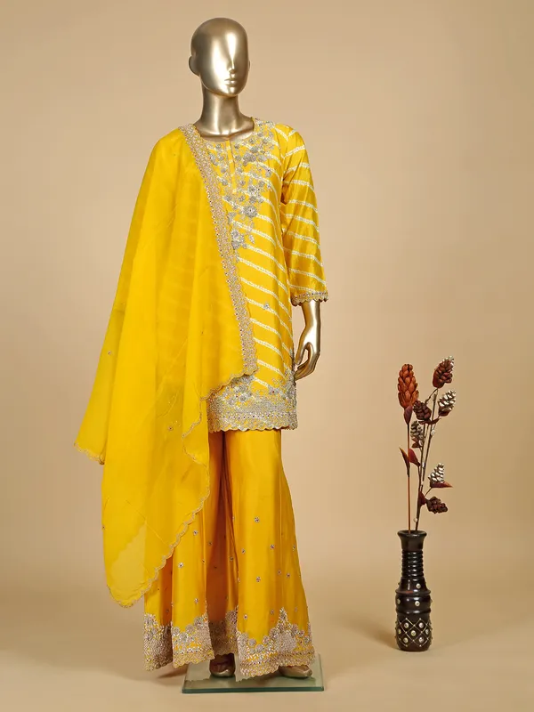 Yellow color silk printed palazzo suit