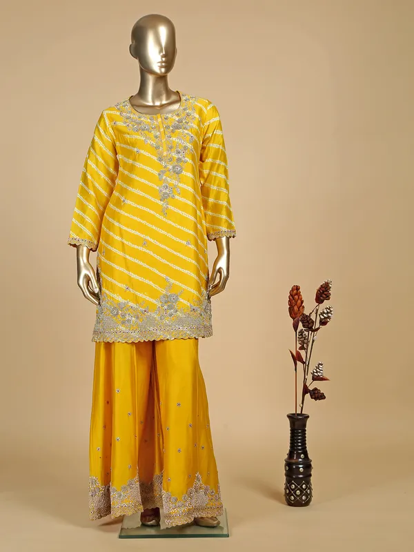 Yellow color silk printed palazzo suit