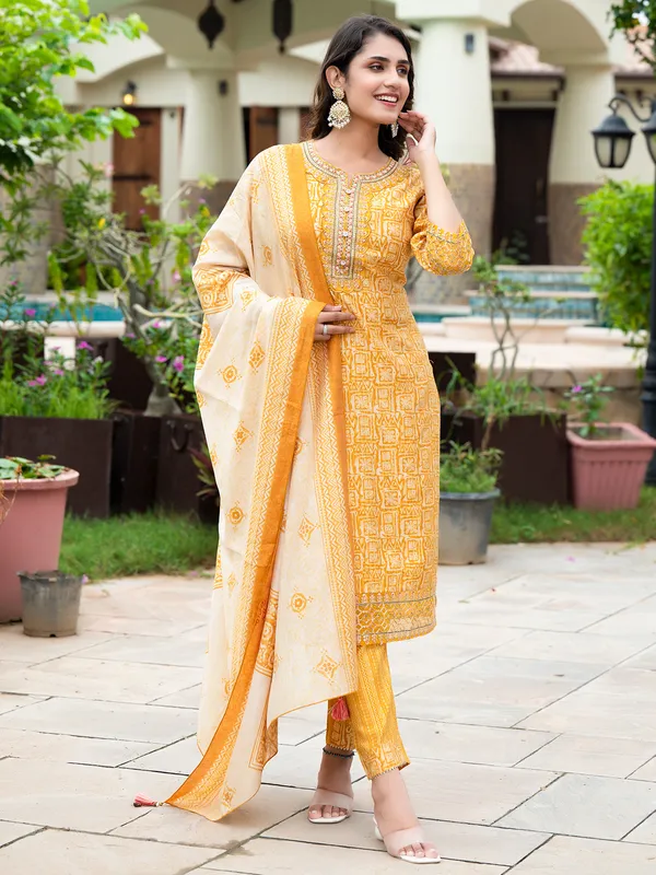 Yellow cotton casual kurti set