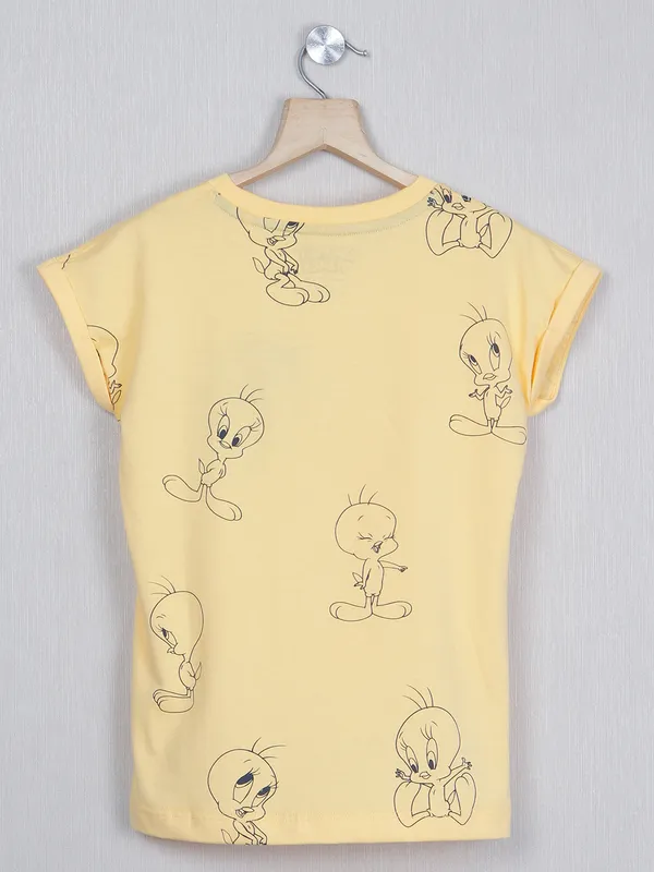 Yellow cotton casual printed girls top