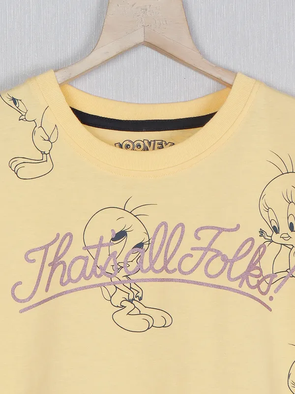 Yellow cotton casual printed girls top