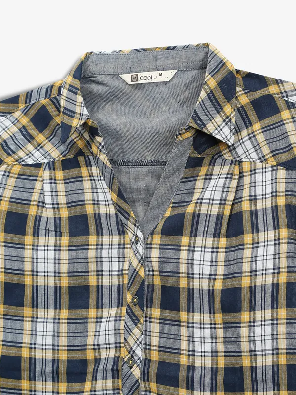 Yellow cotton checks casual shirt