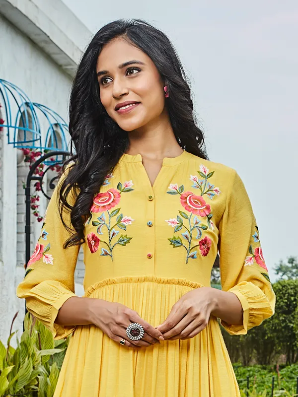 Yellow cotton embroidery casual kurti