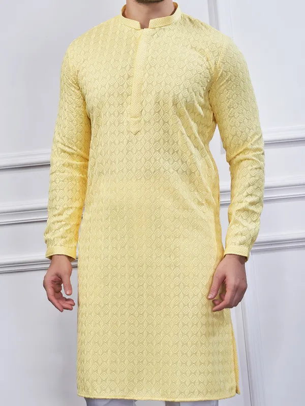 Yellow cotton embroidery kurta suit for men
