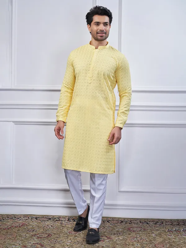 Yellow cotton embroidery kurta suit for men