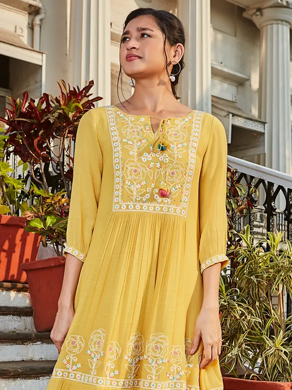 Yellow cotton embroidery long kurti