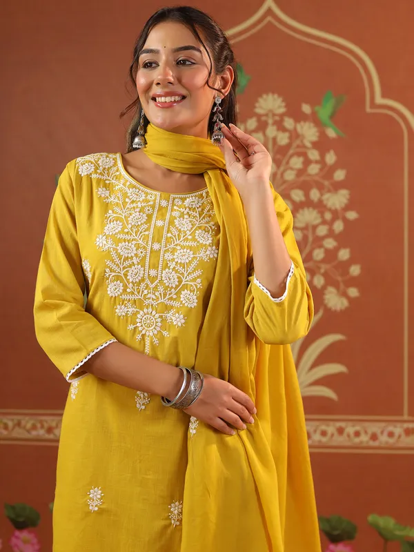 Yellow cotton festival wear kurti set with round neckline