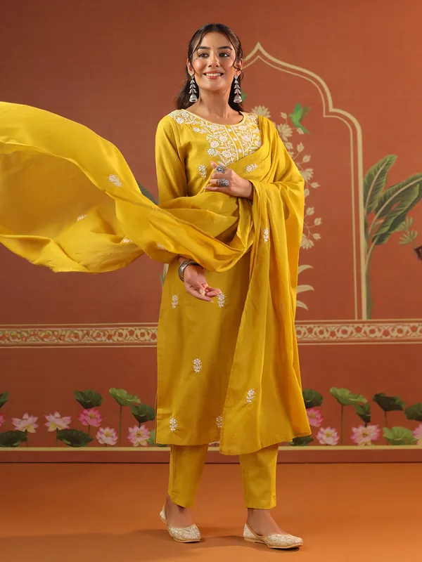 Yellow cotton festival wear kurti set with round neckline