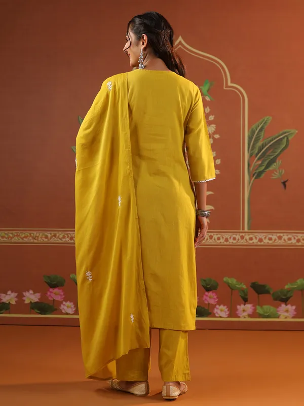 Yellow cotton festival wear kurti set with round neckline