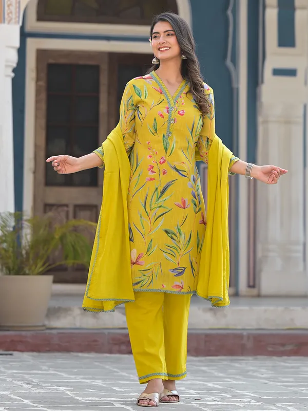 Yellow cotton floral print kurti set