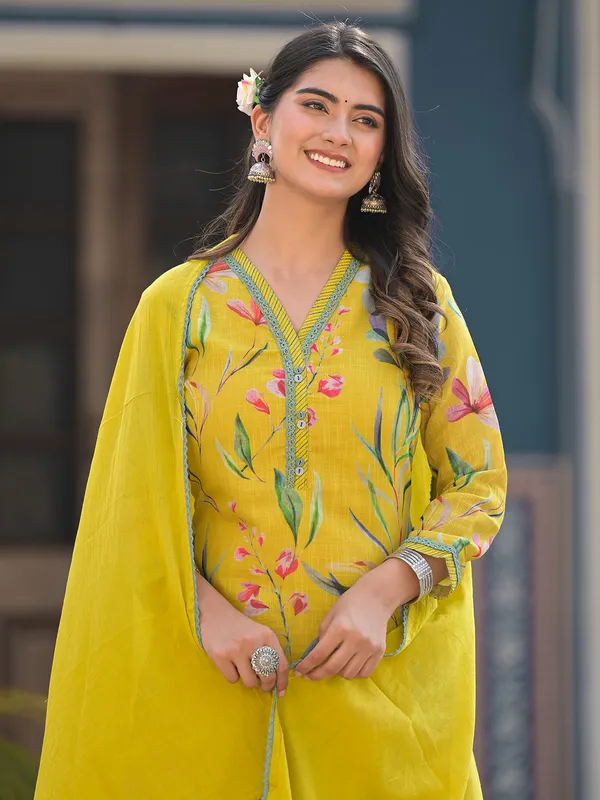 Yellow cotton floral print kurti set
