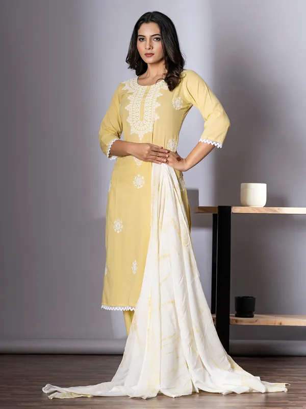 Yellow cotton kurti set with dupatta for women