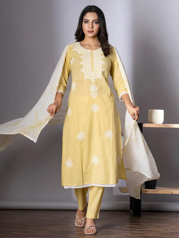 Yellow cotton kurti set with dupatta for women